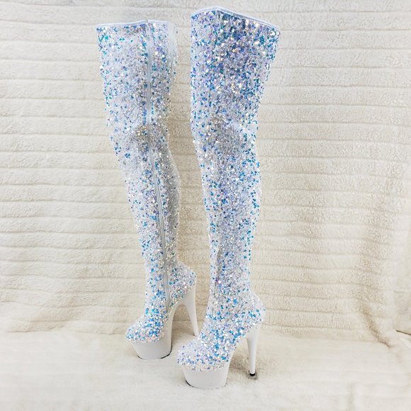 White Ice Multi Stretch Sequin Platform 7" Heels Thigh High Boots 3020 - Picture 9 of 13